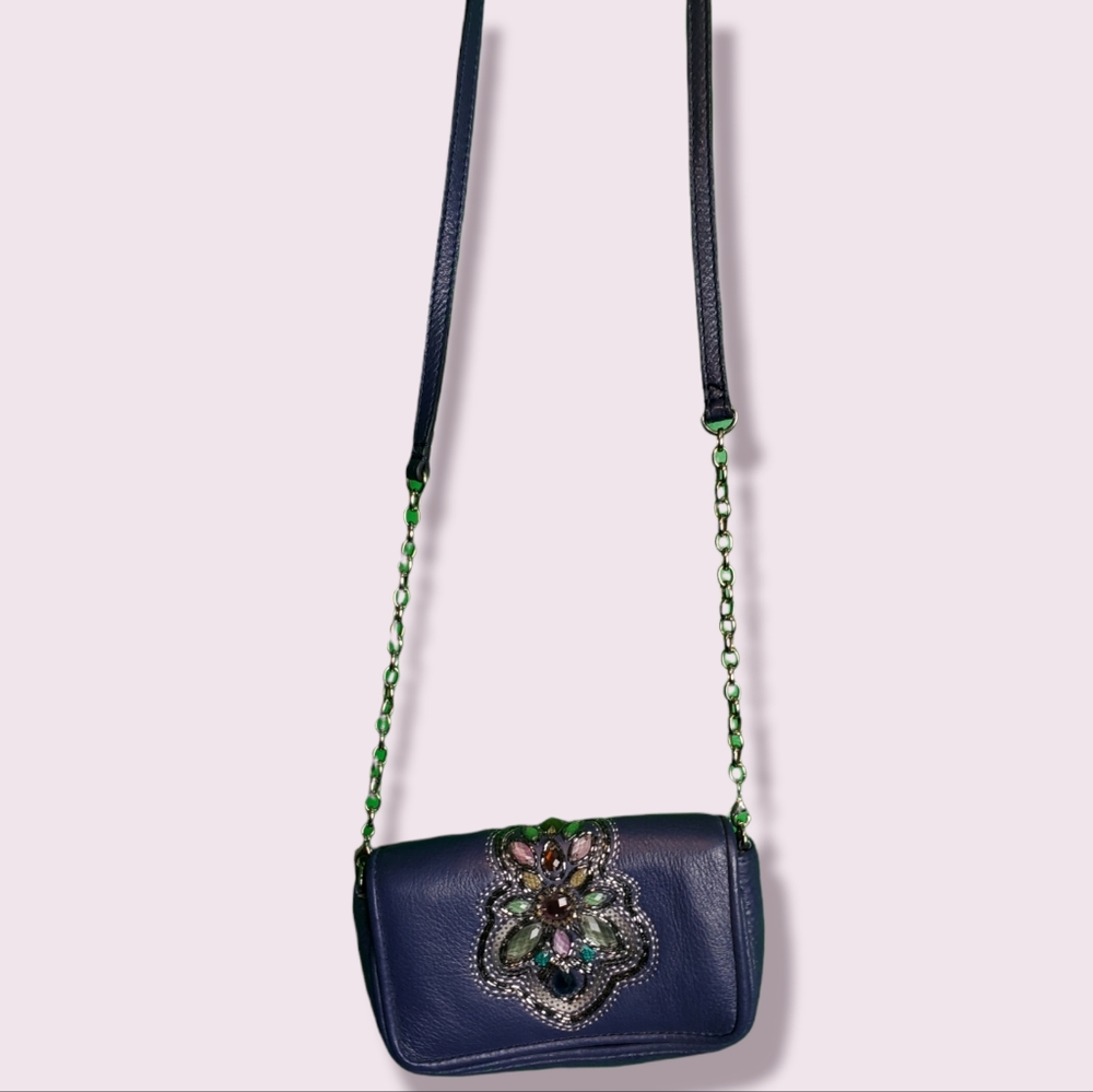 Brighton Blue Leather Jeweled Crossbody EUC